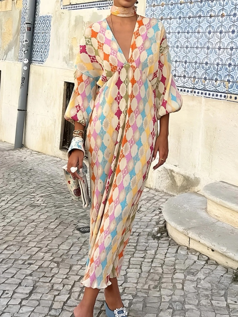 Colorful Pleated Boho Maxi Dress Metallic Gold Detail Puff Sleeve Large